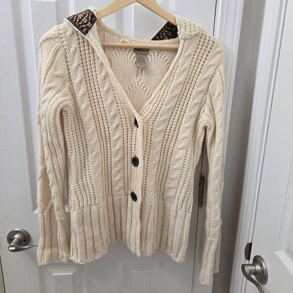 Ruff Hewn Cardigan Sweater Womens Small‎ Cream Fisherman Hood Cableknit Nordic - Picture 1 of 7